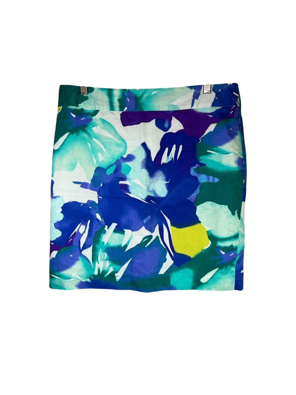 Loft knee length pencil skirt in blue/green watercolor print, size 10, EUC